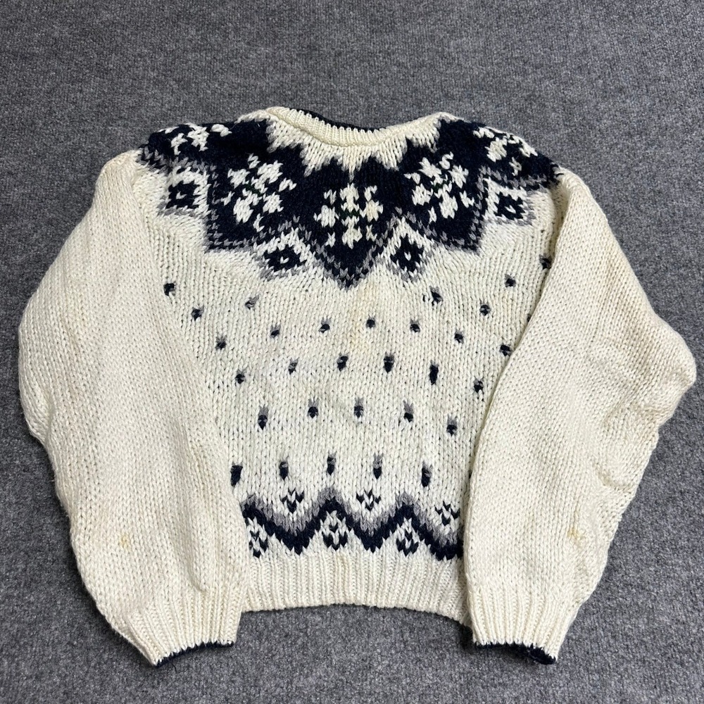 Jamie Scott Sweater Womens Size M Cream Navy Nordic Fair Isle Hand Knitted Ramie